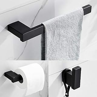 3 Piece Bathroom Hardware Set Matt Black Finish Stainless Steel Wall Mounted, Towel Bars, Toilet Paper Holder, Robe Hooks Easy to Install Bathroom Storage Accessories