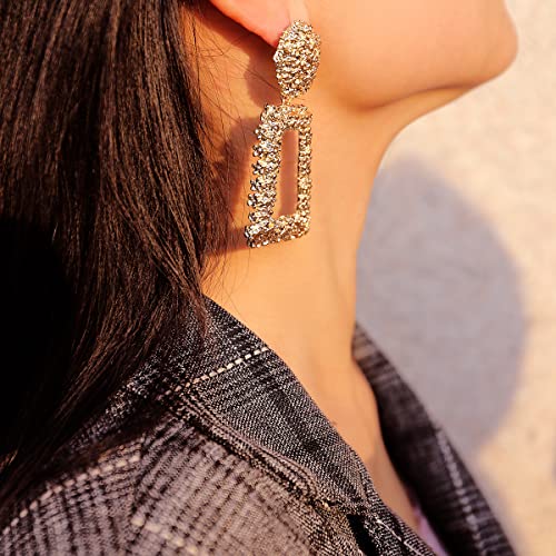 Gold Statement Geometric Dangle Earrings, Big Rectangle Drop Earrings for Women & Fashion Large Stud Earrings for Girls (A1-Gold) - Image 3