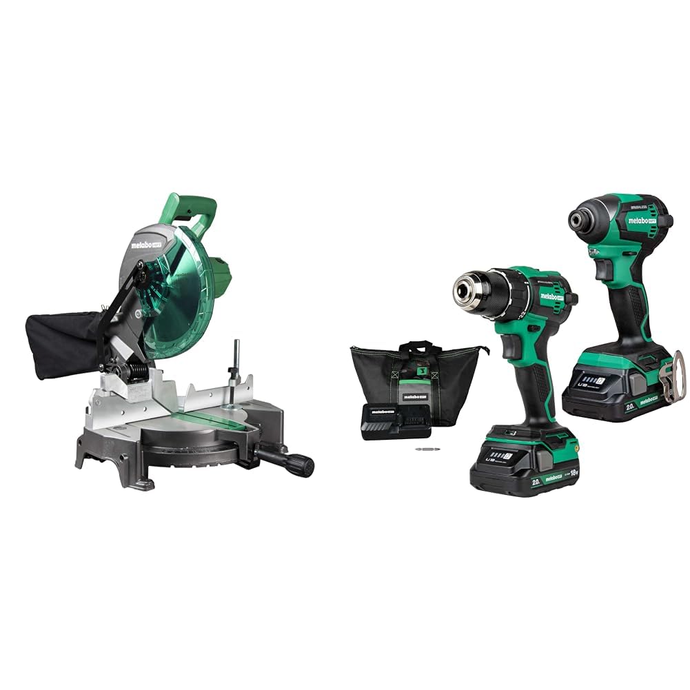(incomplete) Bundle of Metabo HPT 10-Inch Compound Miter Saw | C10FCGS + Metabo HPT 18V MultiVolt™ Cordless Brushless Driver Drill & Impact Driver Combo Kit | KC18DEXQB