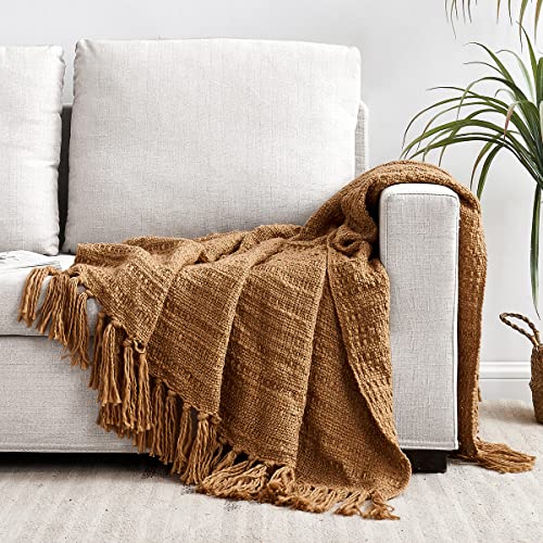 Horimote Home Thick Chunky Teddy Brown Knitted Throw Blanket For Couch Chair Sofa Bed, Chic Boho Style Textured Basket Weave Pattern Blanket With Decorative Fringe, 50"X60" #TOP5