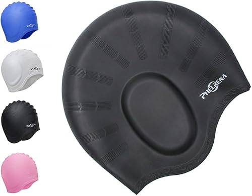 Miniatura 10 de Phelrena - Gorro de natación impermeable de silicona de primera calidad para cabello largo y sólido, flexible, reversible para adultos, niños,