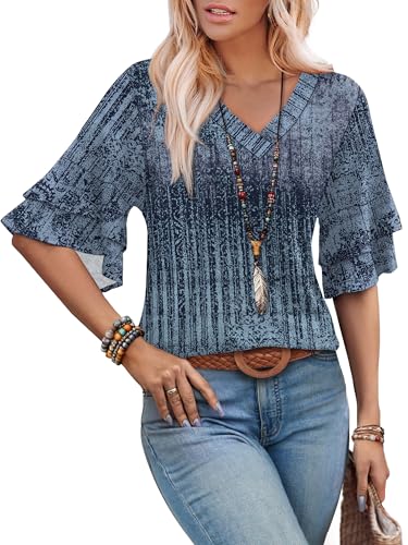 Image of OFEEFAN Spring Tops for Women Boho Shirts Fashion Clothing Cute 3 /4 Length Sleeve Blouses Dressy Casual Summer Outfits