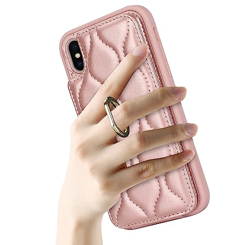 Image of for iPhone X Case with Card Holder,iPhone Xs Wallet Case for Women,Credit Card Holder,Stand Ring Kickstand and RFID Blocking,PU Leather Phone Case for iPhone X /XS 5.8 inch(Rose Gold)