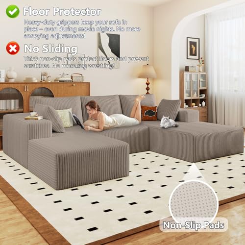 Image of 96 inch Modular Sectional Sofa with Ottoman, Modern Corduroy Cloud Couch with Deep Seat, Boneless Couch Upholstered 3-Seater U-Shaped Sofa for Living Room, No Assembly (Camel, Right-Facing Chaise)