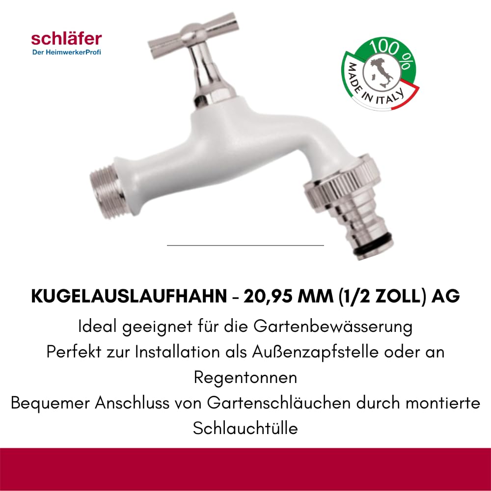 Schläfer 435120, Auslaufventil 1/2 Zoll Messing, kugelauslaufhahn - 20,95 mm 1/2 Zoll - Ideal als Außenzapfstelle - Gartenarmatur verstellbar, Farbe Weiß mit Automatikanschluss für Schlauch