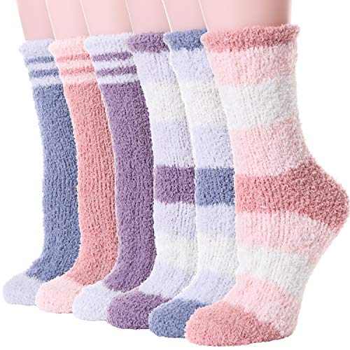 Womens Girls Fuzzy Slipper Socks 6 Pair Fluffy Soft Cabin Warm Cozy Winter Stocking Stuffers Fleece Adult Sleep Plush Socks?Mix Color-C?