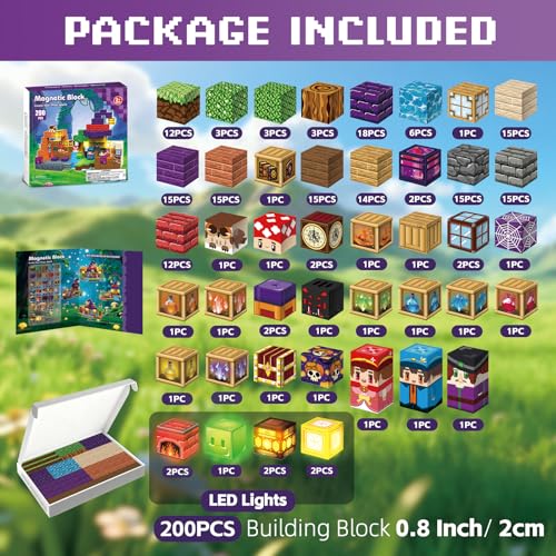 Kryzomat 200PCS Magnetic Blocks with Light-Up Blocks - Magnetic Blocks for Kids Ages 3-12, Magic's House Magnetic Building Cubes, STEM Learning Toy Birthday Gifts for Boys Girls - Image 2