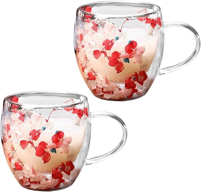 Image of PrimeWorld Double Wall Glass Coffee Mugs with Handle - Set of 2, 250ml Clear Flower Design Tea Cups | Insulated Glass Mugs for Hot & Cold Beverages, Cappuccino, Latte, Espresso, Tea (Red & Pink)