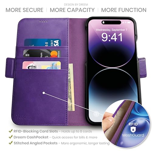 Image of dreem Fibonacci Compatible with iPhone 14 Pro Max Wallet case / 2-in-1 Shockproof case and Detachable Vegan Leather Folio, MagSafe Compatible, RFID Protection [Purple]