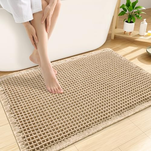 Smiry Waffle Bath Mat 30x20 Extra Soft Absorbent Bathroom Rugs Non Slip Machine Washable Quick Dry Bath Rugs for Bathroom Floor Tub Shower Home Decor Accessories Brown