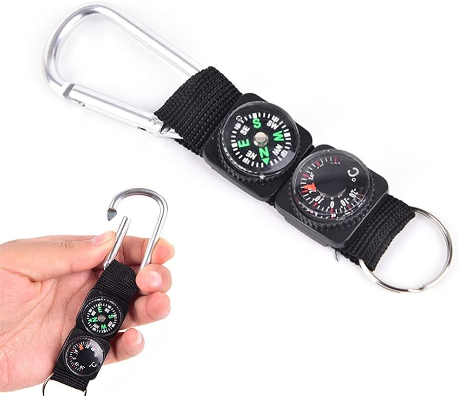 Multifunction 3 in 1 Camping Climbing Hiking Mini Carabiner Keychain Compass Thermometer Hanger Key Black