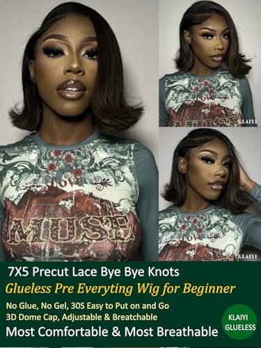 Image of KLAIYI Ombre Brown Yaki Straight Bob Wig Human Hair Bye Bye Knots Glueless Wig Precut Lace Pre Bleached Pre Plucked 7x5 Lace Front Ready to Wear Put On Go Wig with Dark Roots Balayage Brown Wig 10Inch