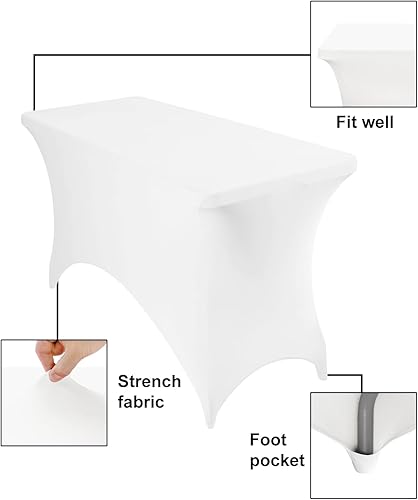 Miniatura 5 de Funda de mesa de elastano de 4 pies impermeable para fiestas, bodas, banquetes y eventos (blanco)