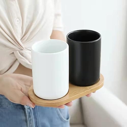 Miniatura 5 de Soporte de cerámica para cepillos de dientes, soporte para brochas de maquillaje, organizador de baño, jugo, tazas de leche, 2 piezas (blanco y