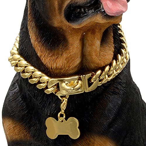 1 Gold Dog Chain Collar Walking Metal Chain Collar with Design Secure Buckle,18K Cuban Link Strong Heavy Duty Chew Proof for Medium Dogs(14MM, 24″)