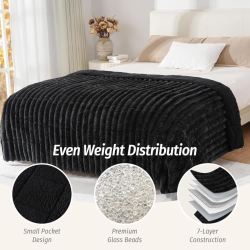 Image of Fleece Weighted Blanket for Adults 48 inch x 72 inch 15lbs Striped Blankets, Black | Dual Sided Soft Sherpa Weighted Blankets with Glass Bead Filling, Plush 3D Striped Heavy Throw Blanket for Bed and Couch