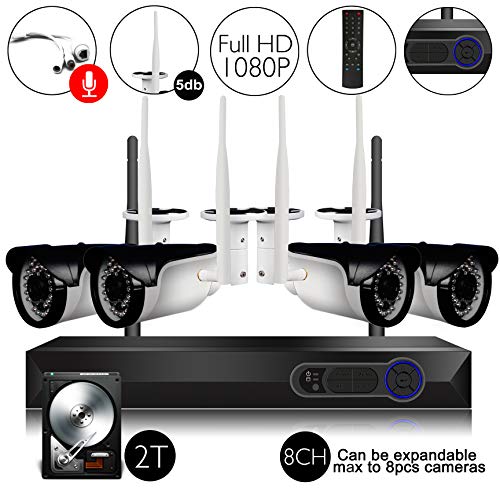 CAMVIEW Wireless Security Home Surveillance System 8CH 1080P WiFi NVR Kits + 4Pcs 2.0MP Wireless IP CCTV Cameras, Audio-in Plug, 65FT Night Vision, Half-Stream, 2TB HDD Pre-Installed