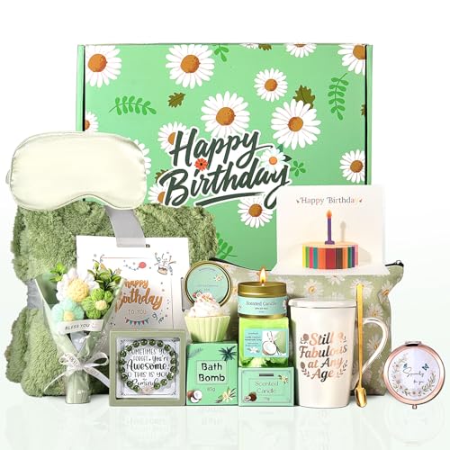 Birthday Gifts for Women Daisy Spa Gifts Box Set,Happy Birthday Gift Baskets for Mom Wife Girlfriend Best Friend Sister Self Care Valentines Day Gifts for Her with Blanket Vanilla Coconut Candle