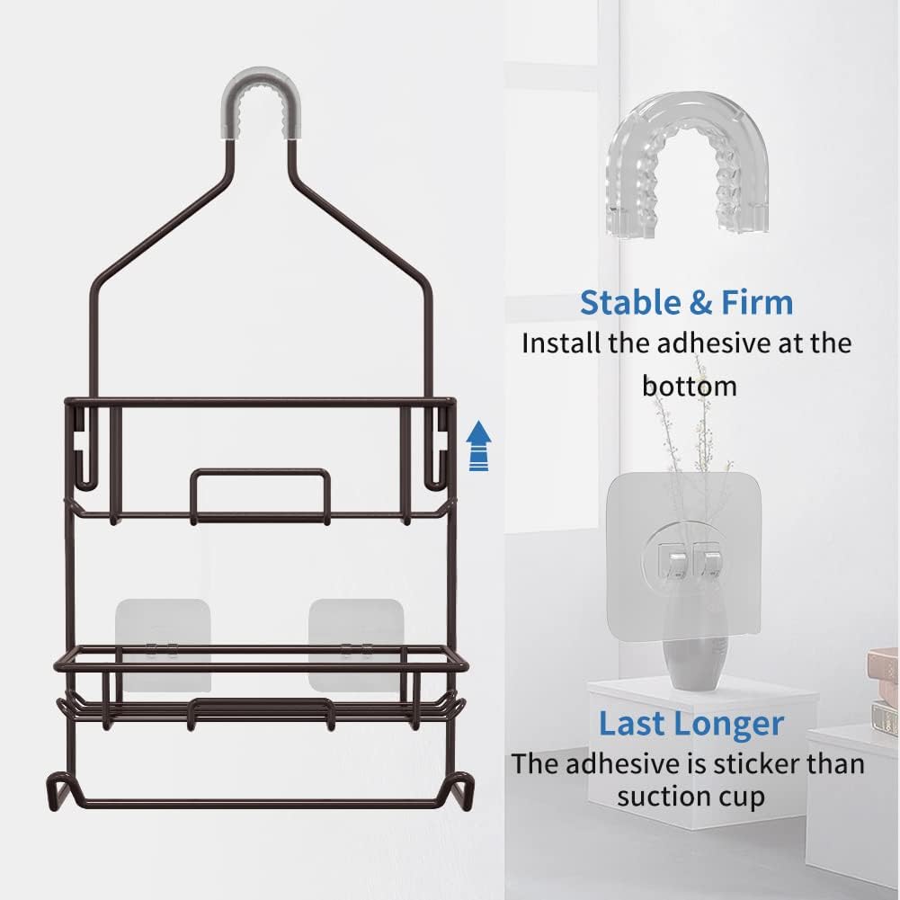 Shower Caddy Hanging over Shower Head Rust Roof Shower Organizer with 10 Hooks for Razor Shampoo Holder Bathroom Shower Rack Storage Shelf with Towel Bar – Bronze