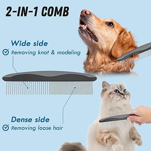Pet-Grooming-Brush-and-Metal-Comb-Combo-Cat-Brush-Dog-Brush-for-Shedding-Undercoat-Rake-for-Dogs-Grooming-Dematting-Deshedding-Brush-Dogs-Shedding-Tool-for-Long-matted-Haired-Pets-Gray Pet Grooming Brush and Metal Comb Combo Cat Brush Dog Brush for Shedding Undercoat Rake for Dogs Grooming Dematting Deshedding Brush Dogs Shedding Tool for Long matted Haired Pets Gray