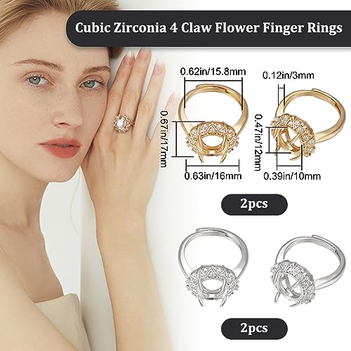 Beebeecraft 1 Box 4Pcs Prong Ring Brass Adjustable 4 Claws Flower Blanks Finger Ring Bases Settings Components with Cubic Zirconia for DIY Ring Jewelry Making - Image 2