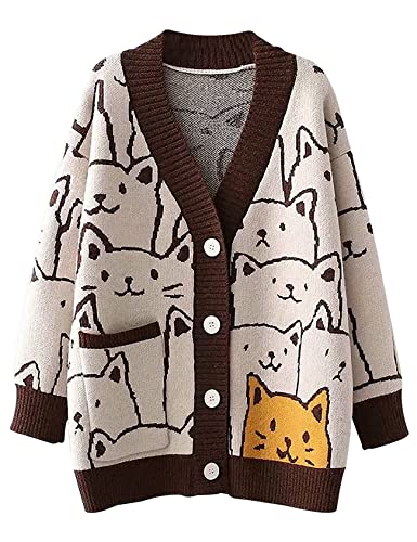 Image of Gihuo Women Cat Sweater Oversized Cute Kawaii Cardigan Knit Graphic V Neck Loose Fit Long Sleeve Cardigan Coat