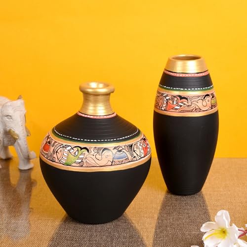 Image of Aakriti Art Creations Vase Earthen Black Madhubani Set of 2 | Hand-Painted Terracotta Flower Vases | Matte Finish Decorative Vases for Living Room, Table Decor & Gifting
