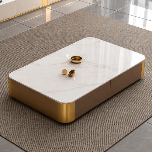 Image of WOODEN SPACE Jaguar Modern Marble Top Coffee Table with Storage | 47.24 Inch Rectangular Centre Table for Living Room | High Gloss Finish (Brown)