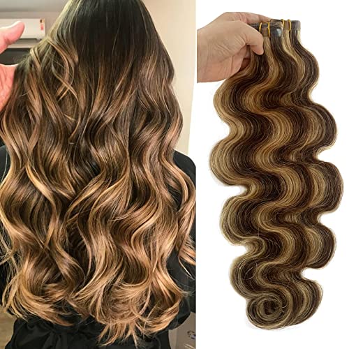 Tape in Hair Extensions Remy Human Hair Brown to Blonde Highlights 30grams/20pcs Seamless Skin Weft Blond Balayage 16" Tape Hair Extensions