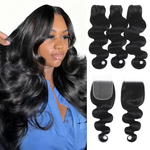 Body Wave Bundles with Closure Human Hair 22 24 26+20 Inch 5x5 HD Lace Closure 12A Raw 100% Brazilian Virgin Human Hair Extensions Body Wave 3 Bundles and Closure Quick Weave Bundle for Women
