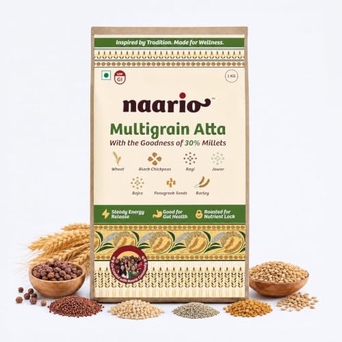 Image of Naario Multigrain Atta | 40% More Fibre Per Roti vs Wheat | Low GI | Diabetic Friendly | 30%+ Millets | Methi Dana for Blood Sugar | 7 Grains Roasted Atta | No Maida | 5kg (1kg x 5)