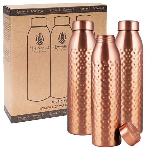 Image of NORMAN JR, 100% Pure Copper Water Bottle 1L - Gift Box of 3, Hammered, Ayurvedic Copper Bottle Gift Set for Women & Men. Best Present For Fathers & Mothers Day, Holiday & Christmas Set.