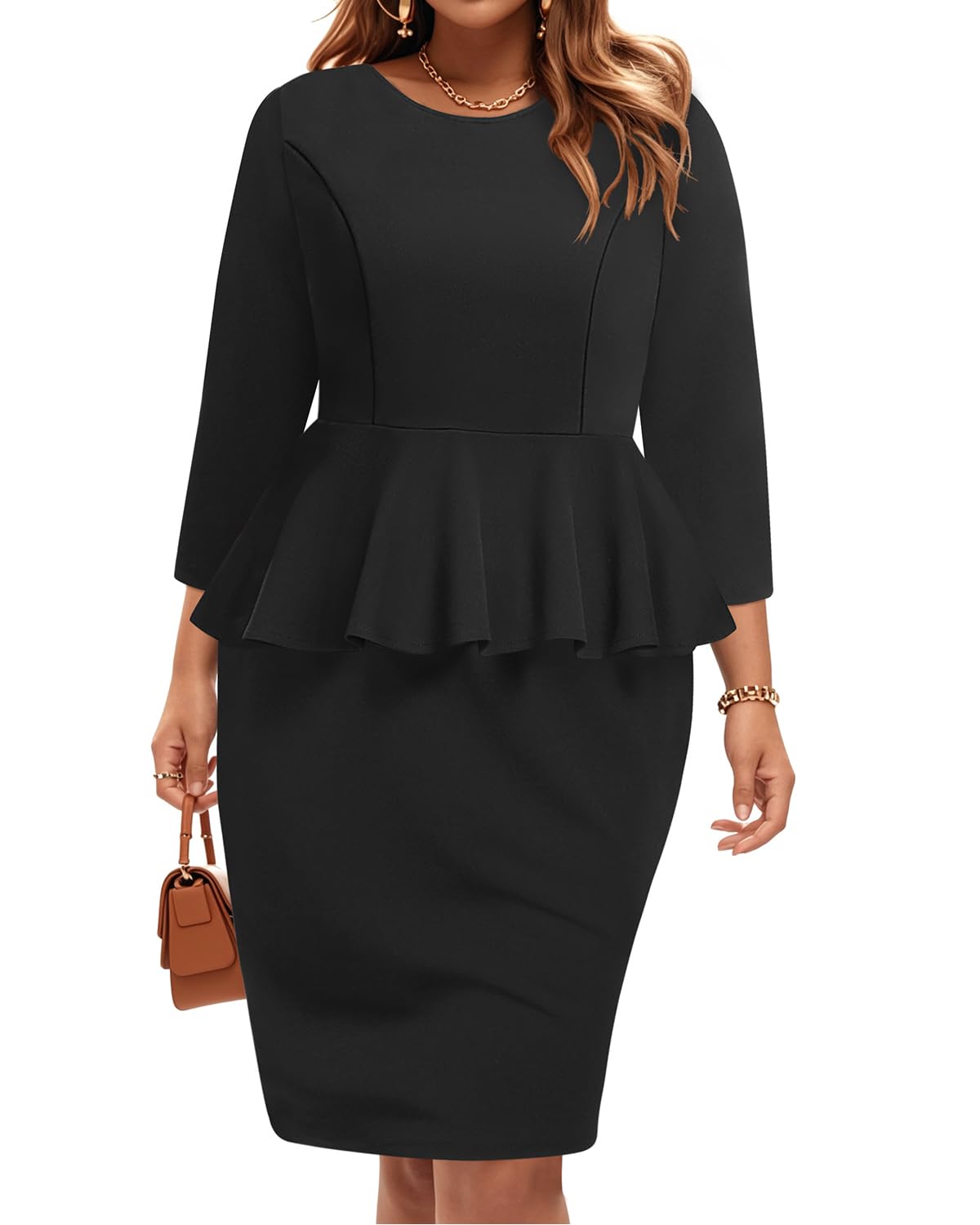 Pinup Fashion Business Dresses for Woman Plus Size - Church Work Office Peplum Pencil Boat Neck Knee Length