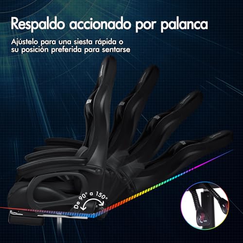 ALFORDSON Silla Gaming con RGB LED de 12 Colores y Masaje de 8 Puntos, Silla Gamer con Reposapiés, Reposacabeza y Cojín Lumbar, Silla Escritorio de Oficina Ergonomica, Piel PU, Negro - imagen 7