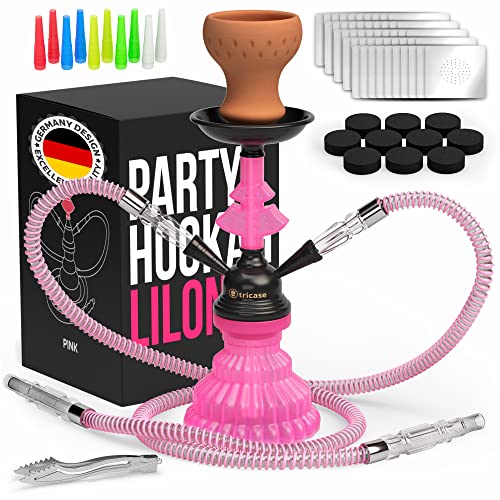 Pink Hookah Set 2 Hose Hookah â€“ LilOne 12â€ Pink Mini Hookah Combo Kit Shisha Hookah Set with Prepunched Foil Hookah Charcoal Hookah Bowl Disposable Tips Mouthpiece Tongs Portable Hookah Pipe