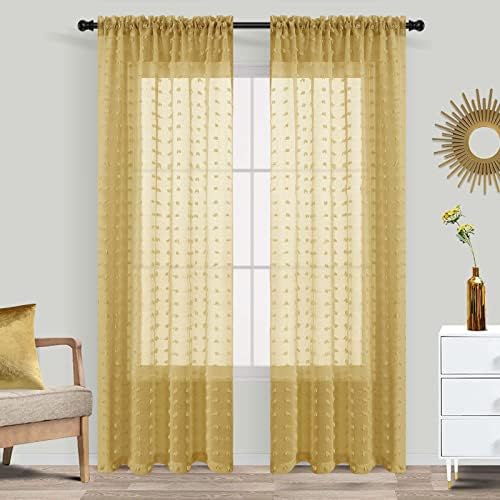 Guken Gold Sheer Living Room Curtains 84 Inch Length 2 Panels Floral Pom Pom Butterflies Look Curtain for Bedroom Rainbow Canopy Bed Headboard Rod Pocket Boho Modern Farmhouse Golden Yellow 42x84