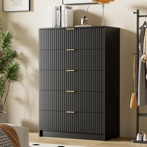 Image of Furniway Black Dresser Bedroom Set 3 Pieces, Nightstands Sets of 2, 5 Drawer Dresser with Gold Handles for Bedroom