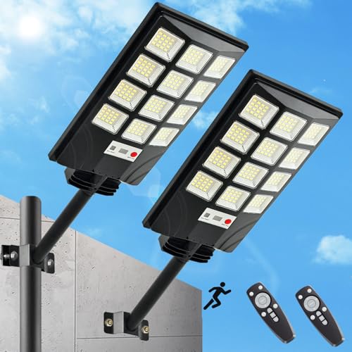 2pcs Solar Street Lights Outdoor Waterproof 600W 30000LM Solar Street Lights for Outside Parking Lot 192 5730LEDs Dusk to Dawn Solar Outdoor Lighting Motion Sensor Light for Garage Remote Control