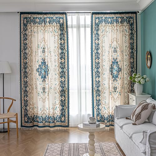 Image of Teal Medallion Curtains 72 Inches Long, Boho Farmhouse Light Filtering Rod Pocket Drapes with Tassel Trim for Bedroom Living Room, 2 Panels