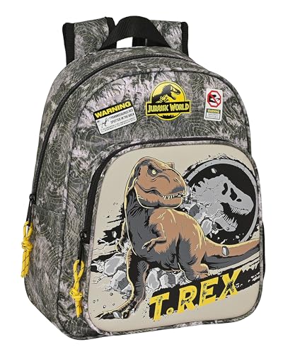 Safta JURASSIC WORLD WARNING - Mochila Escolar Infantil, Ideal para Niños de Diferentes Edades, Cómoda y Versátil, Calidad y Resistencia, 27x10x33 cm, Color Gris