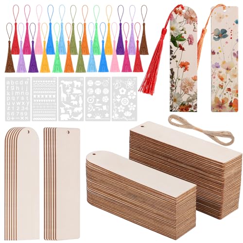126PCS Bookmark Making Kit, 60 PCS Unfinished Wood Bookmarks with 60 PCS Colorful Tassels 5 Templates...