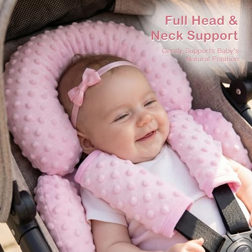 Image of Pro Goleem Infant Car Seat Head Neck Body Support, Ultra-Soft Minky and Microfiber Newborn Car Seat Insert, Perfect for Car Seat, Stroller, 2-in-1 Reversible, Girls, Pink