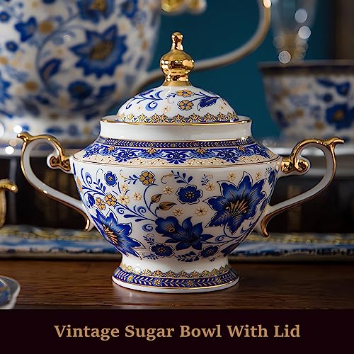 ACMLIFE Bone China Tea Set for 6, Blue and White Tea Set for Adults 24K Gold, Vintage Floral British English Cups and Saucers for Women Party or Gift Giving (Blue)