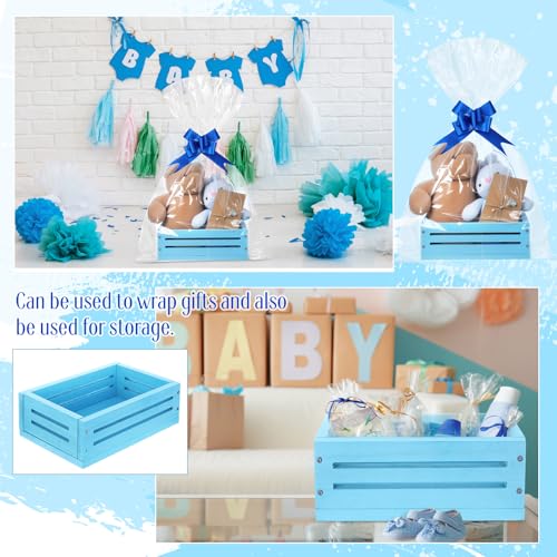 Image of Wonderjune Wooden Baskets for Back to School Gifts Empty Wood Basket with Cellophane Bag Ribbon Greeting Card for Birthday Baby Shower Wedding Housewarming Gifts Packaging(Blue,Small)