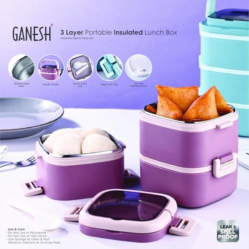Image of Ganesh 3 Compartment Cubex Insulated Food Container with Attractive Spoon - Airtight Leak-Proof Lunch Box for Office, School, Picnic 1140ml- Peach