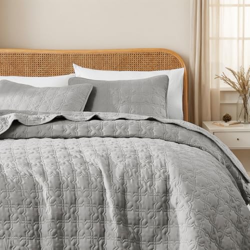 Grey King Size Quilt Bedding Sets with Pillow Sham, Summer Lightweight Soft Bedspread Coverlet, Farmhouse Country Textured Quilted Blanket Thin Comforter Bed Cover, 3 Pieces, 104x90 inches