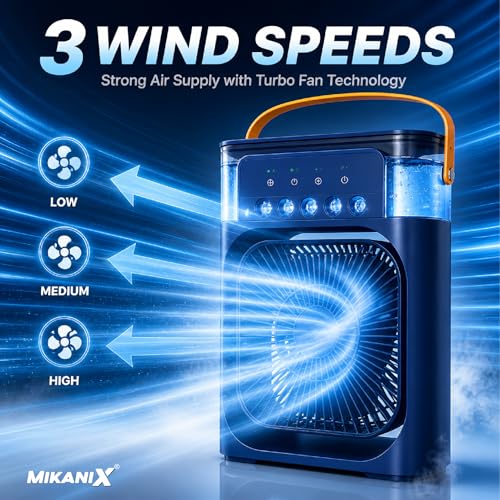 Image of MIKANIX Mini Cooler Fan with Water Spray & LED Light | Portable Personal Air Conditioner with 1 /2 /3H Timer for Bedroom, Office & Kitchen (Blue)