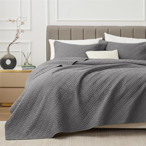 EXQ Home Quilt Set Twin Size Grey 2 Piece,Lightweight Soft Coverlet Modern Style Squares Pattern Bedspread Set for All Season(1 Quilt,1 Pillow Shams)