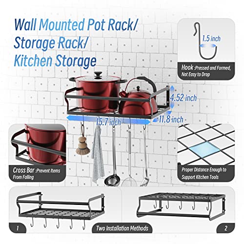 Kostbar Hanging Pot Rack, Wall Mounted Pan Rack, Cookware Organizer With 10 Hooks, Small Kitchen Storage Shelf For Utensils. Dish Rack With Lid Holder, Modular Design Shelves #TOP2
