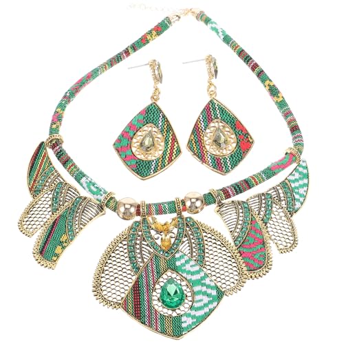 HOMSFOU Juego de Collar y Pendientes Bohemios de Aleación, Conjunto de Bisutería para Mujer en Verde, Joyas Occidentales Llamativas para Verano, Obsequio Original para Cumpleaños